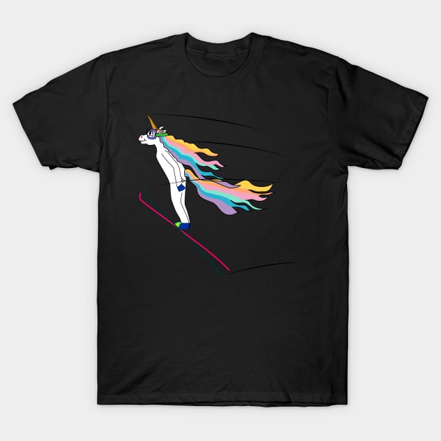 Ski jumping Unicorn in an elegant flight T-Shirt by FancyTeeDesigns